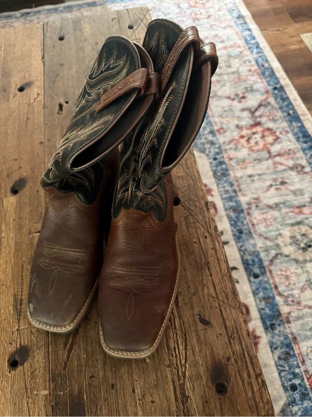 Ariat Brown Leather Cowboy Boots with Dark Green Embroidered Shaft